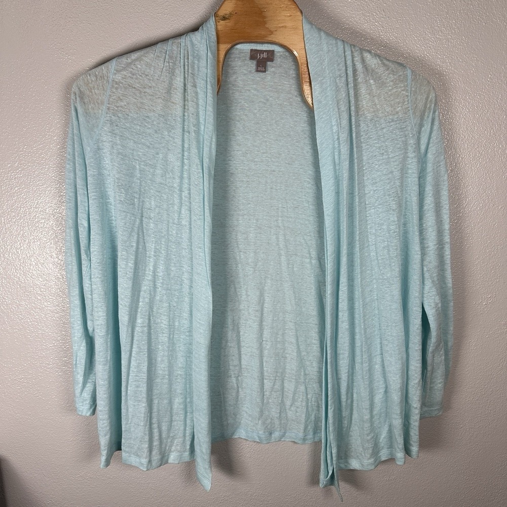 J Jill 100% Linen Open Front Cardigan Womens Large Aqua Blue Beach Summer Resort
